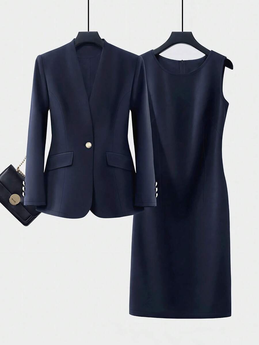 Women's Slim Fit Single-Breasted Long Sleeve Blazer And Sleeveless Dress Suit Set, Lightweight For Commuting