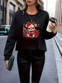 Sudadera Con Capucha De Cuello Redondo Para Mujer, Estampado De Ciervos Navideños, Manga Larga Y Suelta Para Otoño E Invierno Europeo Y Americano - oscuro - Ver 1