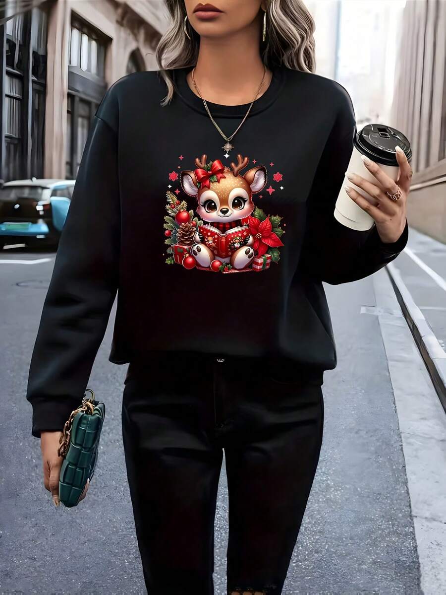 Sudadera Con Capucha De Cuello Redondo Para Mujer, Estampado De Ciervos Navideños, Manga Larga Y Suelta Para Otoño E Invierno Europeo Y Americano - oscuro - Ver 1