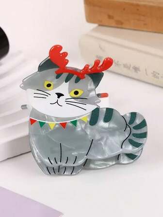 1pc Deer Horn Kitten With Headband Cute Animal Hair Clip, Creative Holiday Decor, Small Christmas Hair Claw Hair Accessory