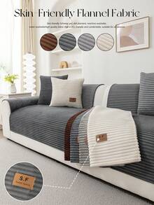 1PC Flannel Sofa Cushion With SF Leather Label, Anti-Slip Stripe Seat Pad. Protects 1 To 4-Seater Couches, Machine Washable, All-Season Use. - Multicolor - View 2