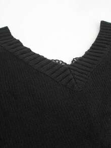 Pulover de damă cu mânecă lungă și decolteu în V, culoare uni, cu dantelă la spate, sexy și elegant, pentru serviciu și ținute casual, primăvară/toamnă/iarnă - Negru - Vizualizare 4