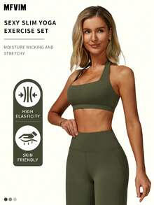 MFVIM 2 件套女式无袖露背吊带上衣和高腰喇叭裤健身服，夏季 - 軍綠色 - 查看 3