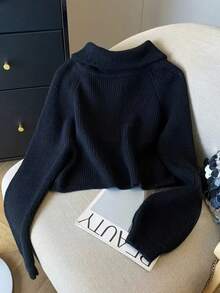 女士短款拉链高领毛衣，加厚套头针织衫，秋冬季休闲保暖款 - 藏蓝色 - 查看 2
