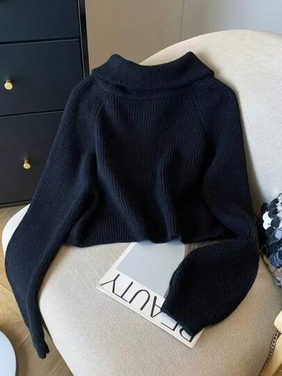 Suéter de cuello alto con cremallera corta para mujer, jersey grueso de punto, informal y cálido para otoño/invierno