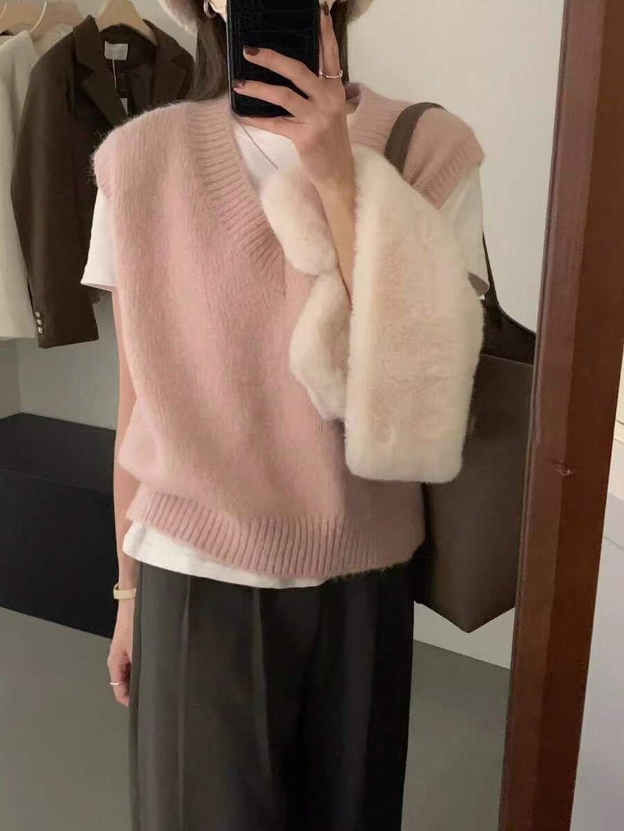 女士秋冬V领套头针织毛衣背心 - 粉色 - 查看 1