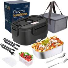 80W Black Electric Lunch Box Food Heater, Food Warmer For Car Truck Office, 1.5L Stainless Steel Self-Heated Lunchbox For Adult, Portable Heating Box With Adapters Fork Spoon Insulated Bag - Xem 1