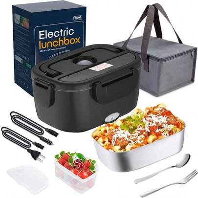 80W Black Electric Lunch Box Food Heater, Food Warmer For Car Truck Office, 1.5L Stainless Steel Self-Heated Lunchbox For Adult, Portable Heating Box With Adapters Fork Spoon Insulated Bag