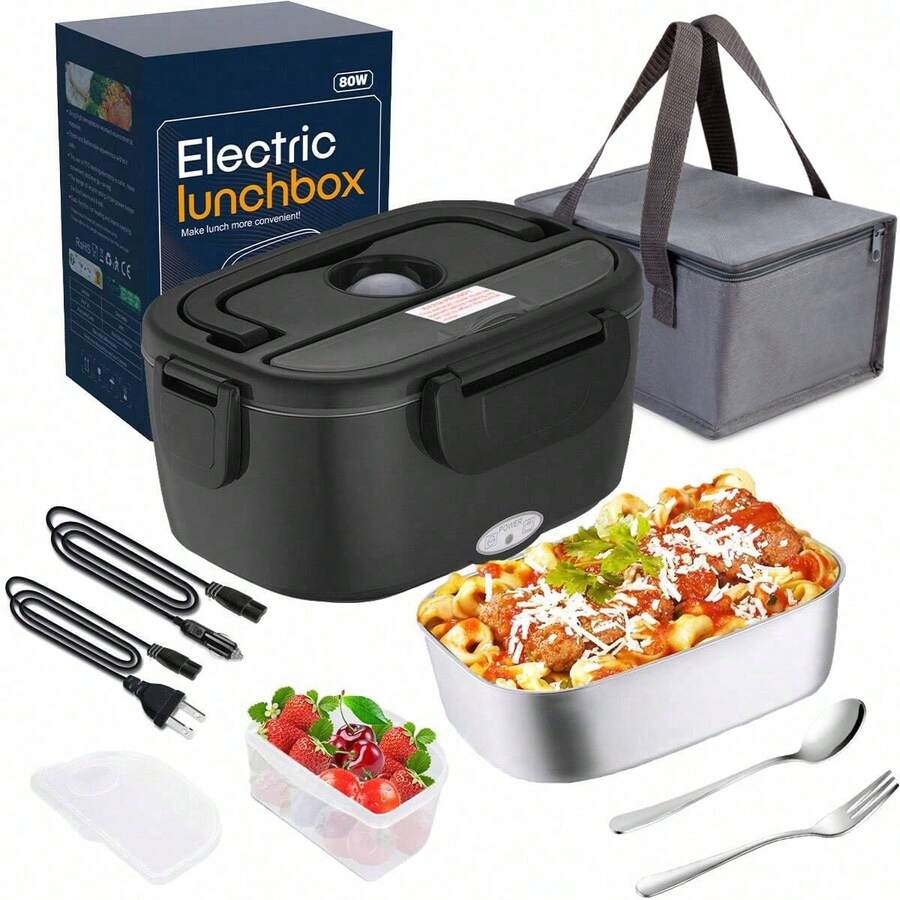 80W Black Electric Lunch Box Food Heater, Food Warmer For Car Truck Office, 1.5L Stainless Steel Self-Heated Lunchbox For Adult, Portable Heating Box With Adapters Fork Spoon Insulated Bag - Xem 1