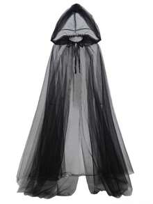 1PC  Black   Long Witch Costume & Elegant Bridal Cape   Halloween Hooded Mesh Cape Cloak - 黑色 - 查看 6