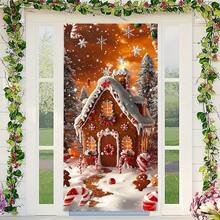 1pc 2D Doorway Flag, Holiday Gingerbread House Door Cover, Polyester Fiber Entrance Decor With Candy Cane And Gingerbread Man Pattern, Suitable For Christmas, Thanksgiving, New Year, Winter