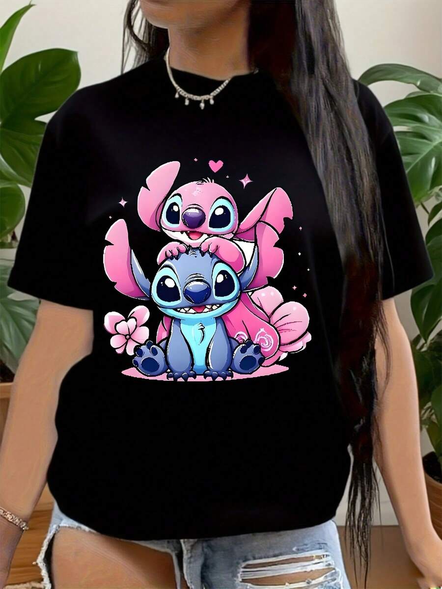 Stitch T-Shirt, Stitch Floral Pattern Shirt,  Stitch And Butterflies Print Shirt,  Cartoon Stitch Top,  Stitch Ohana Pattern T-Shirt, Suitable For Birthday Gifts, Ideal For Holiday Party, Sports And Travel, 220g - 黑色 - 查看 1