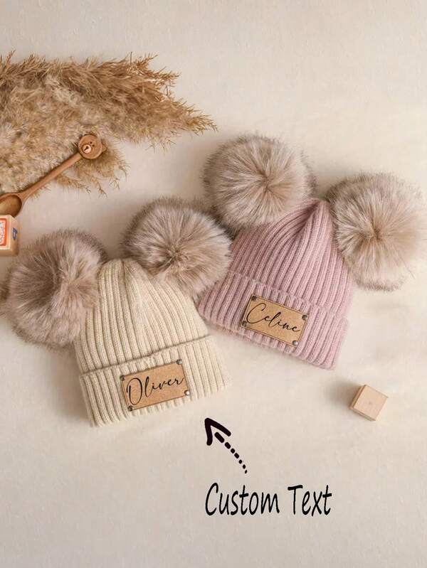 Cadouri de Crăciun, Căciuli personalizate cu pom-pom și nume, Căciuli gravate cu pom-pom, Căciuli tricotate personalizate, Căciuli de iarnă, Cadouri pentru petreceri, Căciuli din piele cu pom-pom și etichete cu nume