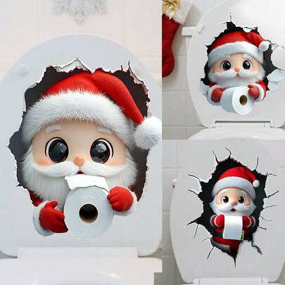 1/3/5 miếng dán tường trang trí phòng tắm Giáng sinh hình ông già Noel giấy vệ sinh, miếng dán tường PVC chống thấm nước tự dính phụ kiện phòng tắm nắp bồn cầu bình nước, miếng dán tường phòng tắm, trang trí phòng, trang trí Giáng sinh.