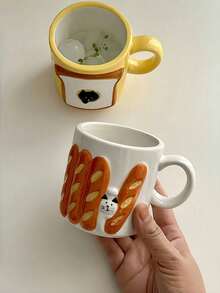 1pc Korean Ins Style Ceramic Mug, Cute Baguette Toast Cat Cup, Couple Breakfast Cup, Water/Milk/Coffee Cup