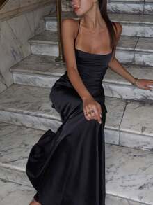 Women Summer Solid Backless Lace Up Satin Long Dress, Sexy Slim Elegant Party Dress, Prom Evening Dress, Wedding Guest Dress, For Cocktail