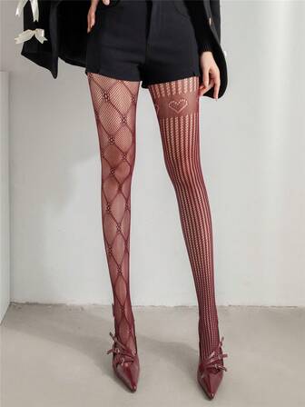 1pc Women's High-End French Retro Heart Lace Pantyhose, High Elasticity Tight Pants, Hollow Fishnet Stockings, Beautiful Jacquard Slimming Tights