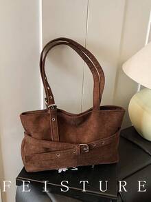 1pc FEISTURE Faux Suede Large Capacity Belt Buckle Shoulder Bag, Fashion Tote Bag, Zipper Closure, Suitable For Daily Outing, Dating, Commuting
