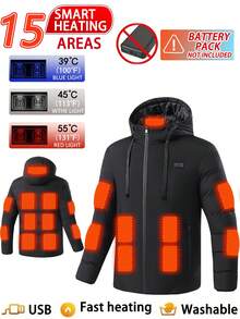 Men's Casual Solid Color Long Sleeve Zip Pocket Hooded Jacket, 15-Zone Heating, Thermal Insulation, Winter