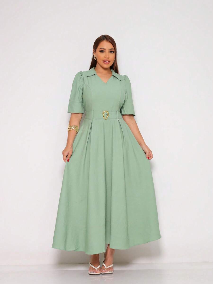 Women's Midi Dress With V-Neckline, 3/4 Sleeves, White Thread Detail On The Bust And Belt With Buckle In Sensory Fabric, Elegant Fashion - Màu xanh Bạc hà - Xem 1