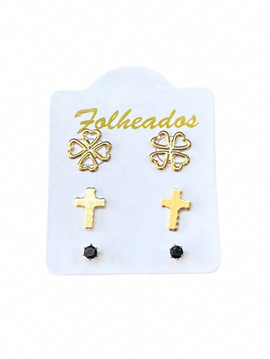 Kit 3 Pairs Of Small Gold Plated Earrings For First, Second And Third Holes, Various Models, Rhinestone Stones - 型號07 - 查看 1
