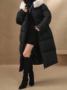 Livesso Women's Faux Fur Collar Hooded Long Sleeve Padded Coat, Autumn/Winter - Black - View 5