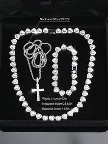 مجموعة مجوهرات كوبية على شكل قلب بطراز الهيب هوب - 3 قطع (قلادة وسوار)، مع قلادة من الفولاذ المقاوم للصدأ بشكل صليب، مجوهرات باردة، مناسبة للرجال والنساء، مناسبة للارتداء اليومي، الحفلات، هدايا عيد الميلاد/عيد الحب