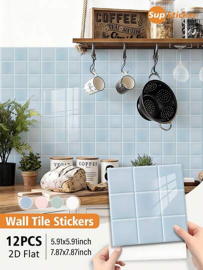 12pcs/Set 5.91x5.91/7.87x7.87inch Fresh Style Home & Kitchen Decor Stickers, PVC Self-Adhesive Faux Ceramic Tile Wall Stickers, Waterproof, Oil-Proof, Easy To Clean, Suitable For Living Room, Bedroom, Kitchen, Bathroom Wall Decor, Cabinet Surface, Furniture Renovation