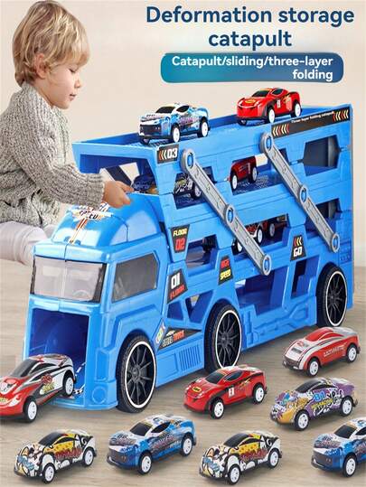 1pc Transformable Pressurized Ejection Large Truck Track Multifunctional Toy Car Engineering Vehicle Foldable Racing Track 6pcs Alloy Car Set, Parent-Child Interactive Toy Gift Suitable For 3-12 Years Old Boys And Girls (Random Car Color/Pattern)