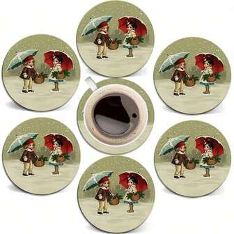 6 Adet Ahşap Yuvarlak Bardak Altlığı - Vintage Noel Bardak Altlıkları - Çeşitli Bardaklar İçin Uygun 2D Düz Bardak Altlıkları, Soğuk/Sıcak İçecekler, Masa Üstü Koruması, Sehpa Dekoru, Eve Taşınma Hediyesi, 4 İnç, 6 Adet/Takım, 1800 Adet/300 Set