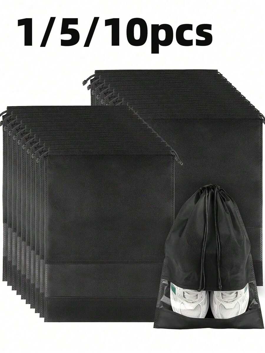 Túi đựng giày dùng một lần không dệt (1 cái/5 cái/10 cái), Túi bọc giày chống bụi màu trơn, Túi đựng giày du lịch dây rút màu đen, Túi đựng giày đơn giản - màu đen - Xem 1
