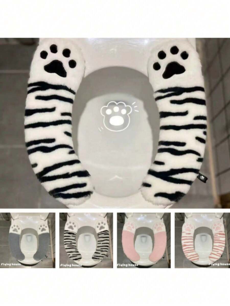 2件套可爱猫爪造型马桶盖，粘贴式安装，奢华舒适，黑白配色，打造独特卫浴体验，马桶装饰，浴室装饰，秋季装饰