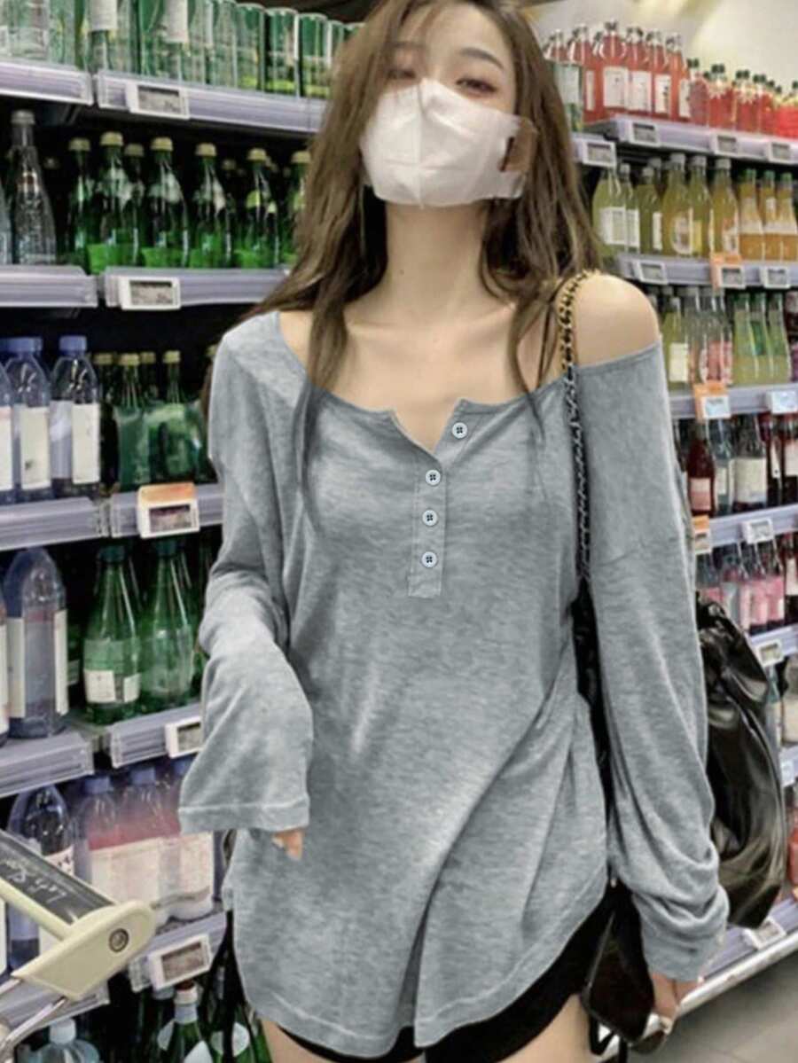 2025 Spring/Summer Long Sleeve Loose Fit Sheer Chiffon Blouse - Grey - View 1