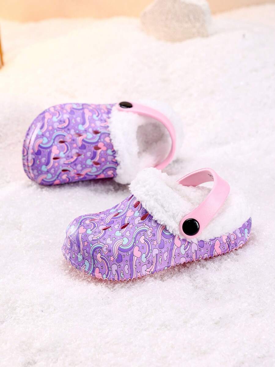 1 Pair Girls' Comfortable Fashion Casual Purple Heart Print Versatile Thermal Lined Warm Clogs, Autumn/Winter - Pink - View 1