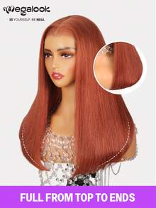 MEGALOOK 200% 密度姜棕色直发假发,6x5 双层蕾丝编织,100% 真人发丝,沙龙级奢华无胶假发,隐形结,预修剪蕾丝,自然发际线,透明蕾丝封口,配有耐用透气帽 - 薑黃色和橙色 - 查看 7