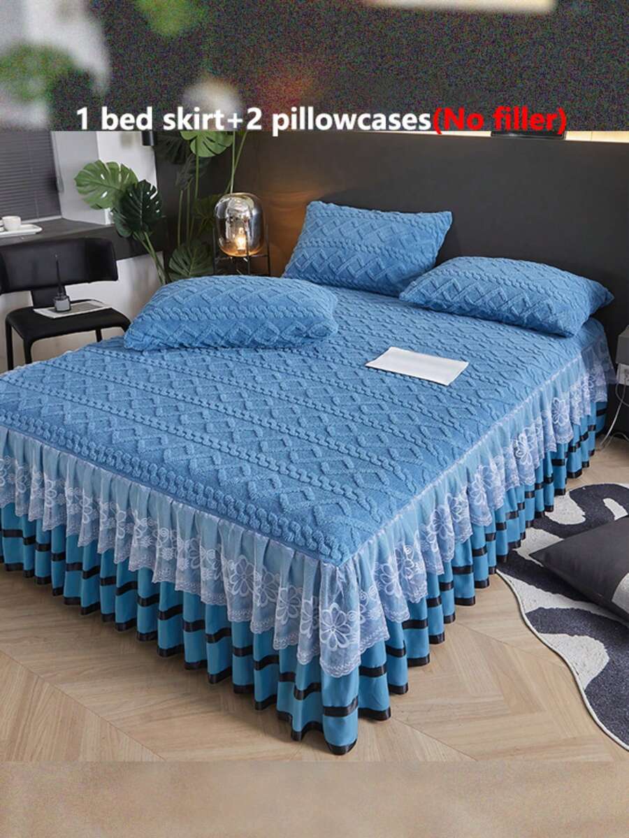 3pcs Velvet Lace Bedskirt Set (1pc Bedskirt + 2pcs Pillowcases), Lace Trim Decor, Fashionable & Elegant, Moisture-Wicking, Breathable, Wrinkle-Resistant, Quiet, Removable Mattress Cover - Peacock Blue - View 1