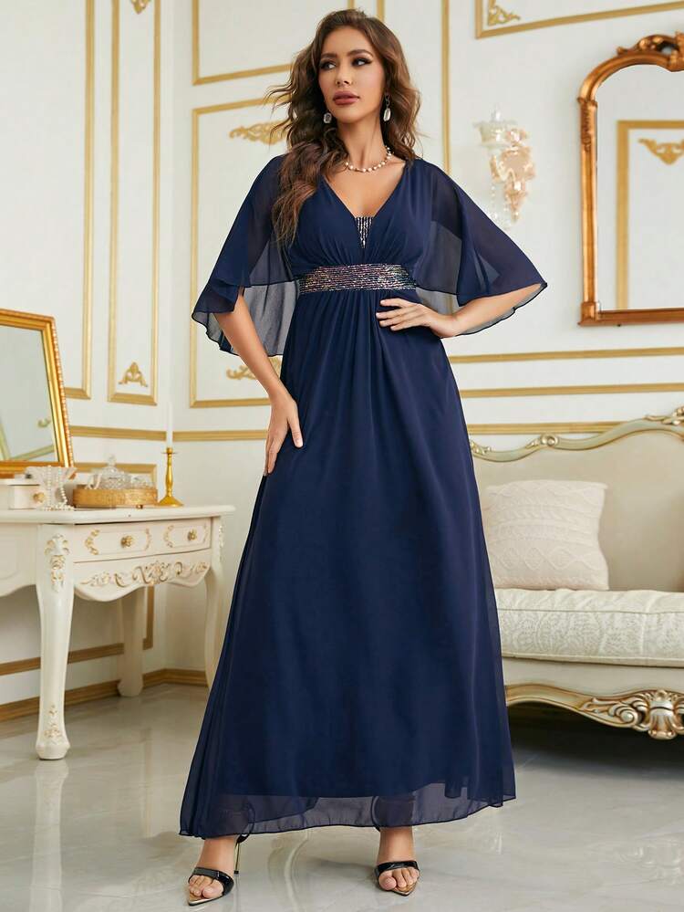 Women's V-Neck Batwing Sleeve Sequin Patchwork Chiffon Cocktail Party Bridesmaid Dress - Navy Blue - View 4