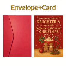1 Peça Cartão de Natal para Filha e Genro - Design de Família de Pão de Gengibre Vermelho e Dourado com Recortes de Coração, Lembrança Festiva de Férias para Pais, Presente para Sogros, Cartão de Papel Fácil de Enviar para Comemorações Familiares - Multicolorido - Visão 3
