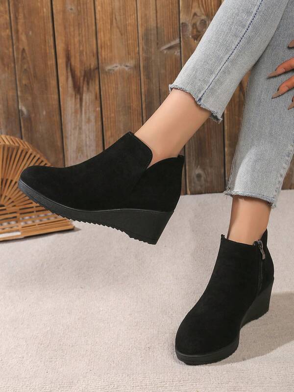 Tacones de cuña con decoración de lazo para mujer, color negro, de moda y elegantes, con puntera redonda y acento metálico, cómodos para ir al trabajo, apropiados para fiestas y eventos formales, para primavera/otoño