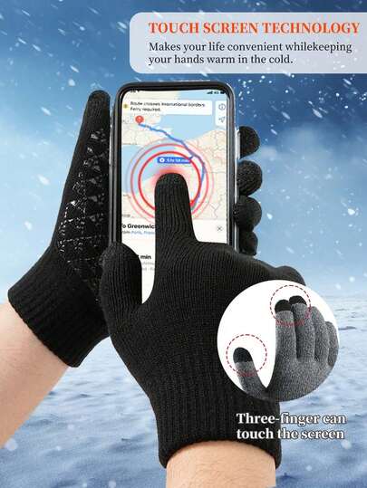 男女通用冬季手套 - 升级版手掌三角形防滑设计 - 三指触摸屏设计，温暖针织手套，适合寒冷天气、户外、跑步、驾驶 - 时尚厚实柔软舒适，厚袖口，适合寒冷天气
