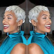 Elegant Gray Wig Human Hair Wig Pixie Cut Wig Short Hair Wig With Bangs Glueless Wig Straight Wigs Halloween Cosplay Wig Family Costume Wig 6-Inch Rose Mesh Hat, Comfortable To Wear, Suitable For All Women - Xám - Xem 6
