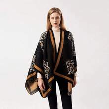 Women's Warm Shawl Wrap Cape Winter Cardigan Sweaters Open Front Poncho - X3-黑色(豹紋) - 查看 2