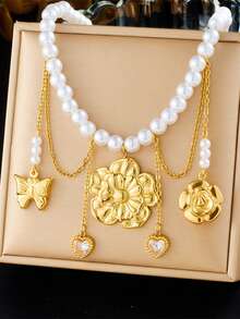 1 Peça Colar Feminino Elegante e da Moda com Pérolas Falsas, Combinado com Acessórios Florais em Coração de Aço Inoxidável 304, Adequado para Todas as Estações, Perfeito para Festas Femininas ou Uso Diário. - Dourado - Visão 2