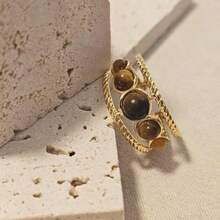 18k Gold Plated Stainless Steel Open Band Gold Crown Ring Tigerite Stone Ring For Women Vintage Twisted Rope Design Tiger Eye Ring Women's Jewellery Crystal Jewellery