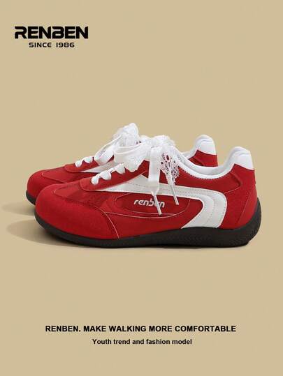 RENBEN 1 par de zapatillas de estilo retro con cordones y parches para mujer, con suela gruesa, casual, deportiva, de suela blanda, diseño de nicho de moda, adecuada para primavera/otoño