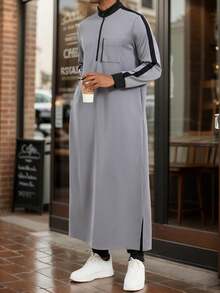 Disqoir 中东阿拉伯，现代伊斯兰男士服装，卡米斯长袍，穆斯林男士灰色长袍，时尚立领长款连帽衫 - 灰色 - 查看 3
