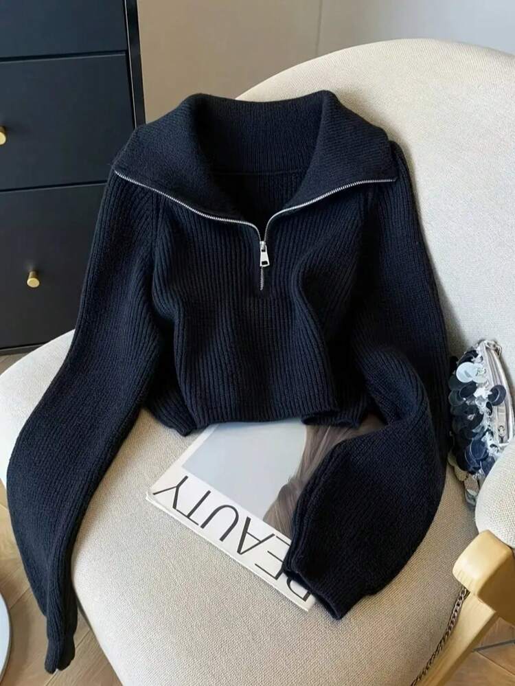 Suéter de cuello alto con cremallera corta para mujer, jersey grueso de punto, informal y cálido para otoño/invierno - Azul Marino - Añade 1