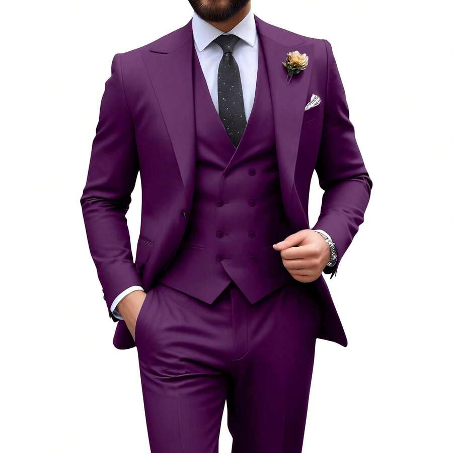 Mens Suit Slim Fit 3 Piece Double Breasted Suit Men Formal Tuxedo Set Casual Wedding Prom Groom Suits - Mận - Xem 1