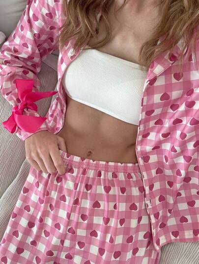 Nina Bonheur 2 pezzi Pigiama da donna con top a maniche lunghe con fiocco e pantaloni a quadri a forma di cuore, set di abbigliamento da notte comodo e carino