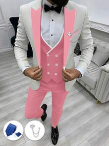 Men's Suits Tuxedo Double Breasted Blazer Dress Prom Tuxedos For Business Wedding Party Grooms 4 Pieces Set Jacket Vest & Pant & Brooch & Tie And Pocket Square - Hồng - Xem 1